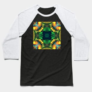 Psychedelic Kaleidoscope Square Blue Green and Yellow Baseball T-Shirt